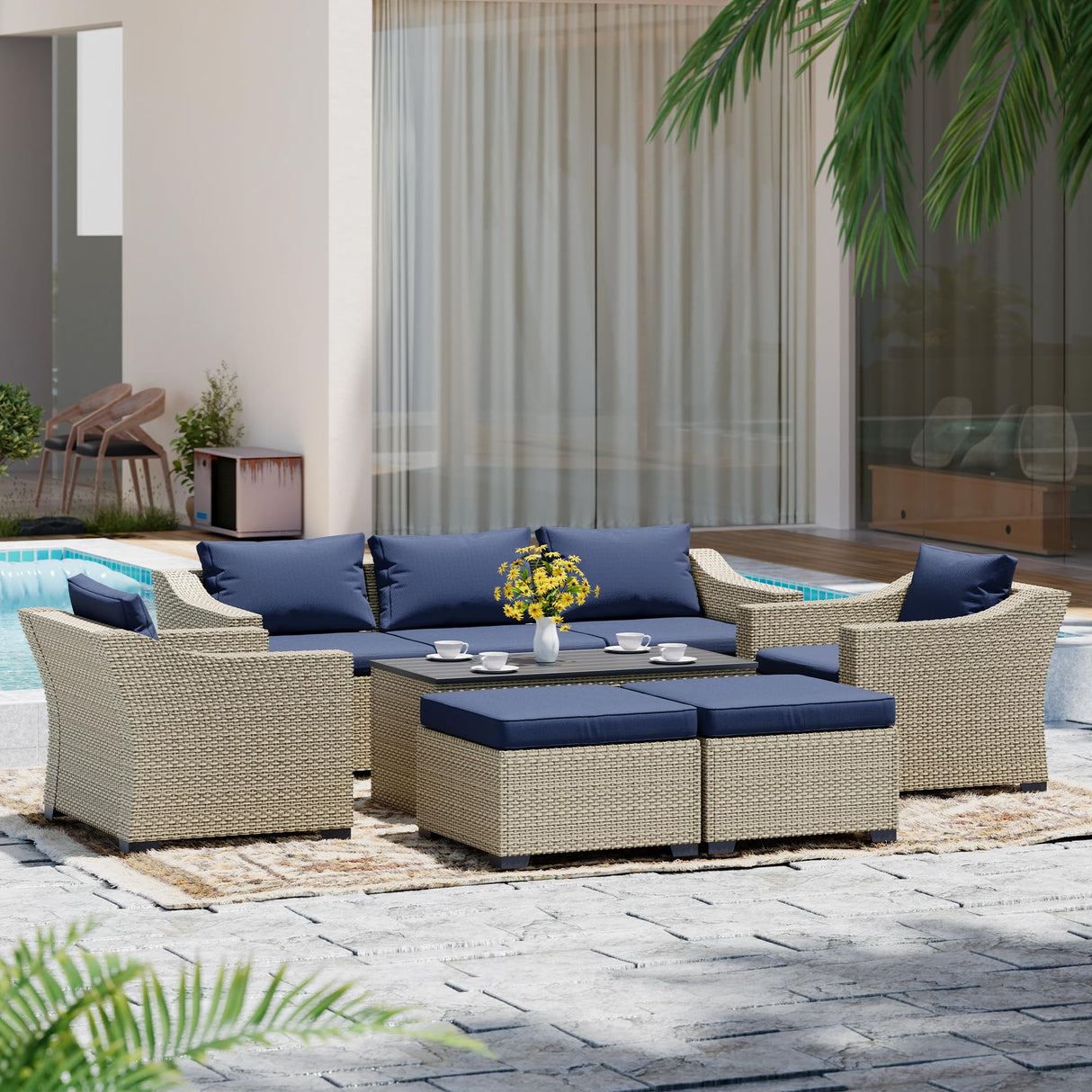 LHBcraft Outdoor Patio Furniture Set 8 Pieces, Rattan Outdoor Couch with Coffee Table, Comfortable Wicker Patio Furniture Sets for Yard, Pool or Porch, Blue LHBcraft