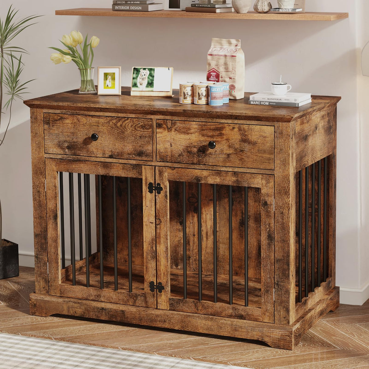 Dog Crate Furniture, 44 Inch Wooden Dog Kennel Furniture Indoor with 2 Storage Drawers, Heavy Duty Large Dogs Crate Furniture, Cage & House Furniture for Small Medium Large Dogs, Brown VENDORZ