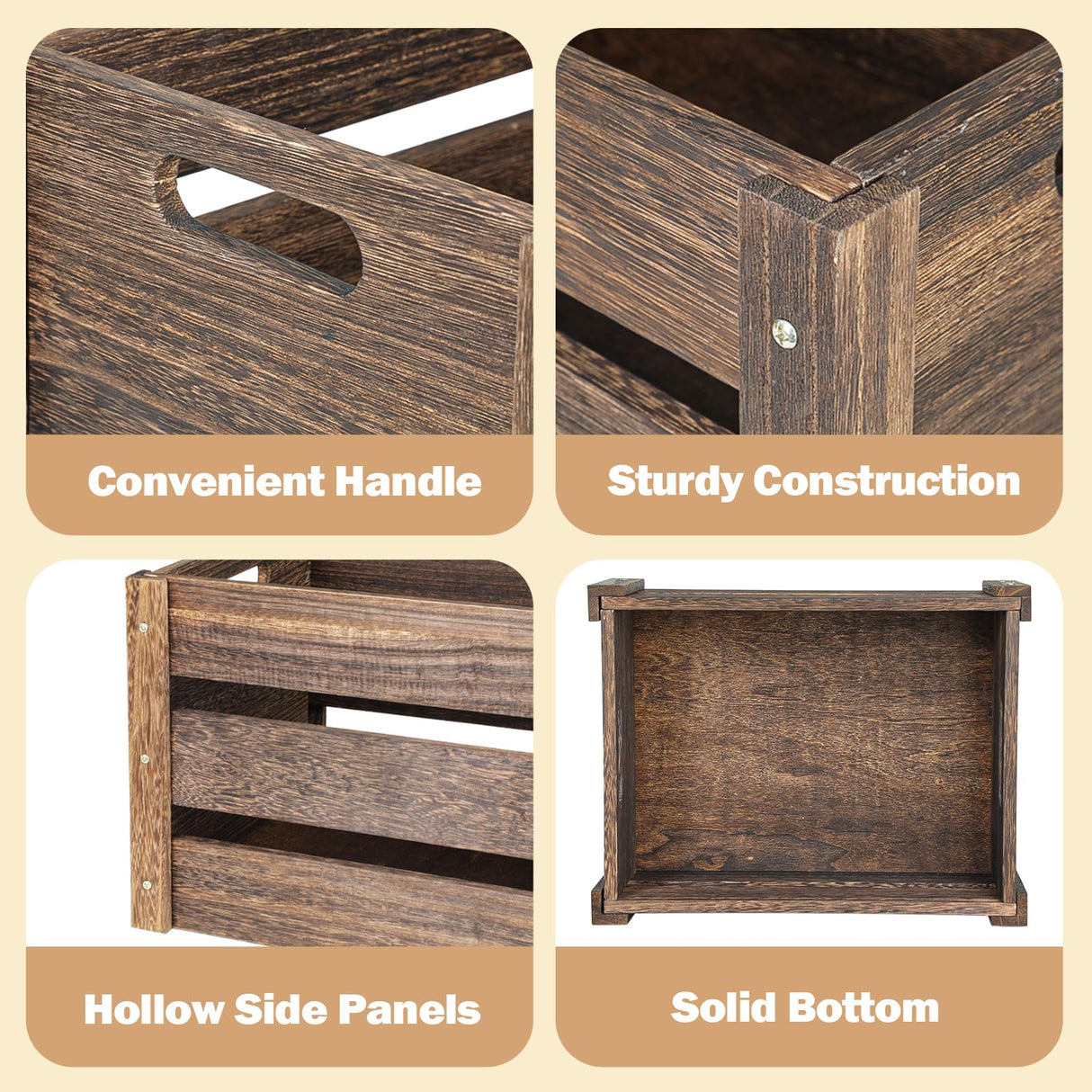 Edergoo Wooden Crates, Farmhouse Wooden Crates for Storage, Rustic Handmade Wood Crate with Handles, Durable Wooden Crates for Display, Large Wooden Crate Box, Wooden Crates for Decor, 2 Pack, Brown Edergoo
