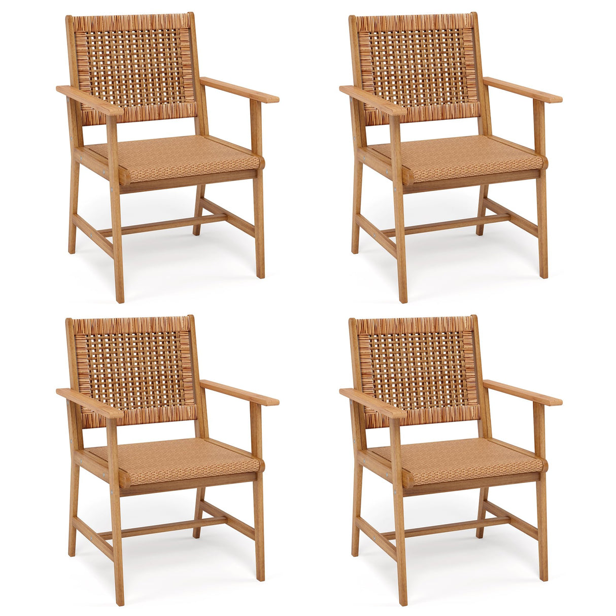 PHI VILLA Outdoor Acacia Wood Dining Chairs Set of 4, Armchairs with Strong Wicker Back & Seat, Farmhouse Style Teak Patio Deck Yard Balcony Garden Furniture PHI VILLA