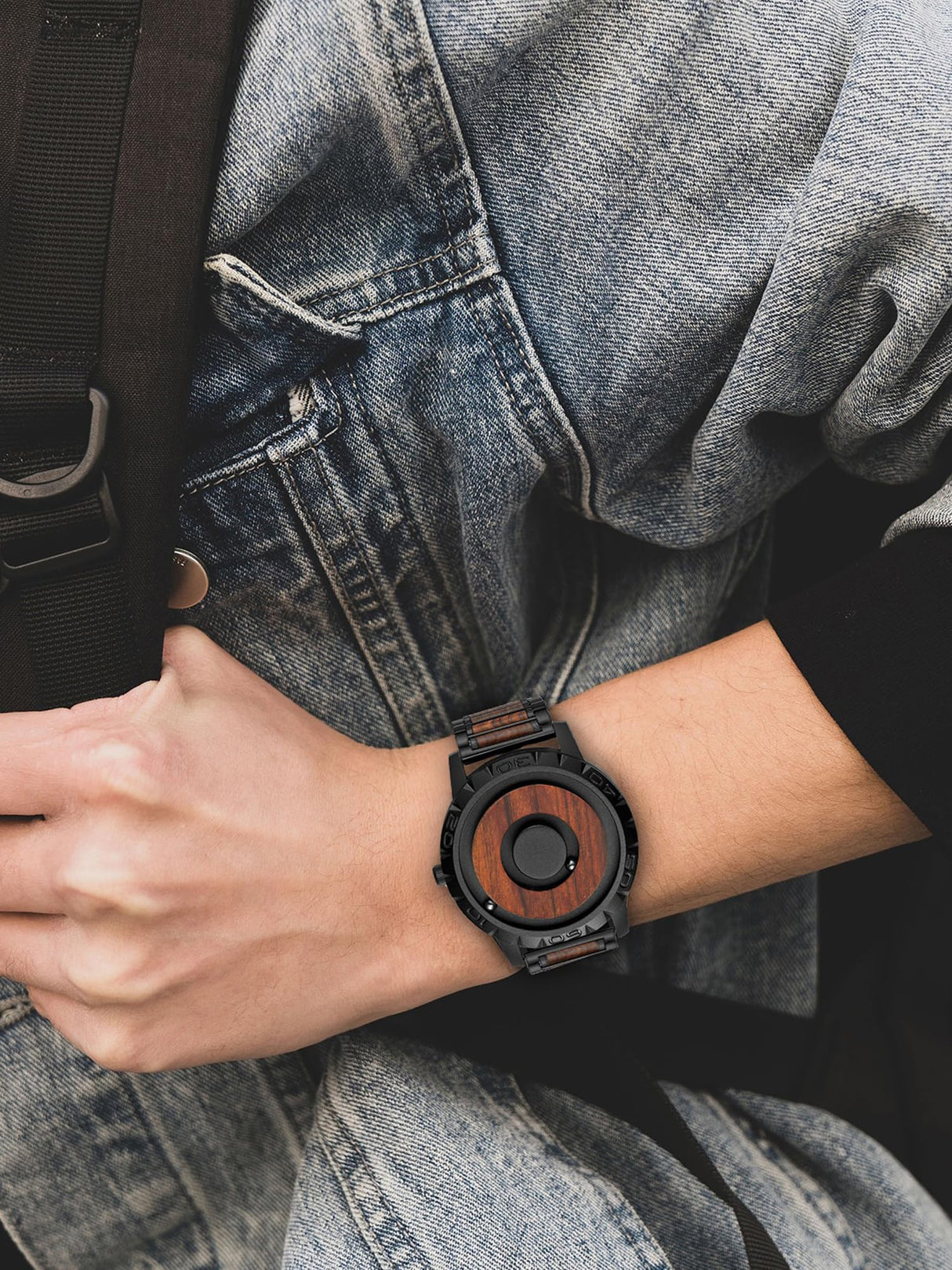 EUTOUR Watches Men's Watch Magnet Watch No Glass Ball Bearing Quartz Wristwatch for Men with Wood Bracelet -40mm EUTOUR