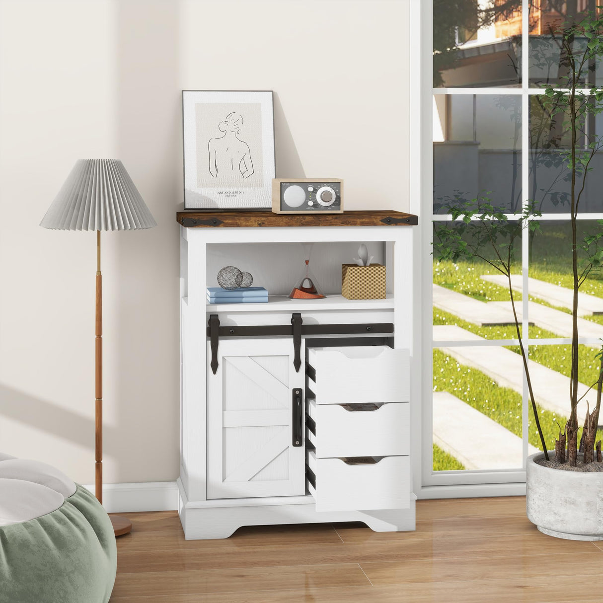 Panana Farmhouse Bathroom Floor Cabinet, Storage Cabinet with Sliding Barn 3 Drawers&Door Freestanding Small Cabinet for Bathroom, Kitchen, Laundry Room (White) Panana