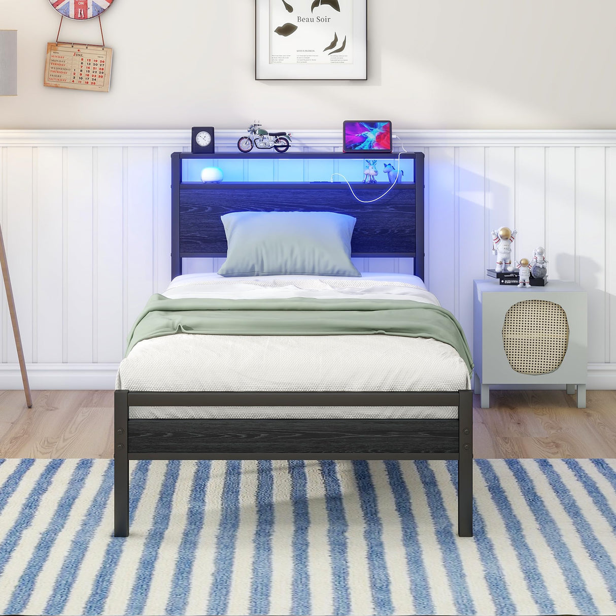 HOJINLINERO Twin Bed Frame with Storage Headboard/LED Lights,Metal Bed Frame Twin Size with Charging Station,Twin Platform Bed Frame No Box Spring Needed,Beds Base,Heavy Duty Metal Slats Support,Black HOJINLINERO