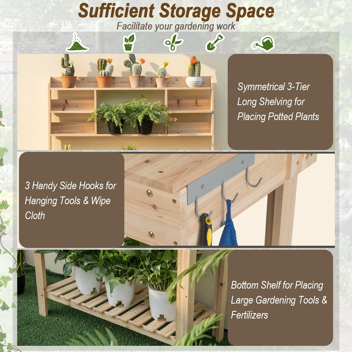 Giantex Garden Potting Bench Table, Large Workbench Table with Shelves, Openable Tabletop Hidden Storage Cabinet, 3 Hooks, Outdoor Wooden Workstation for Patio Garden Garage, 43.5"x19.5"x 60.5" Giantex