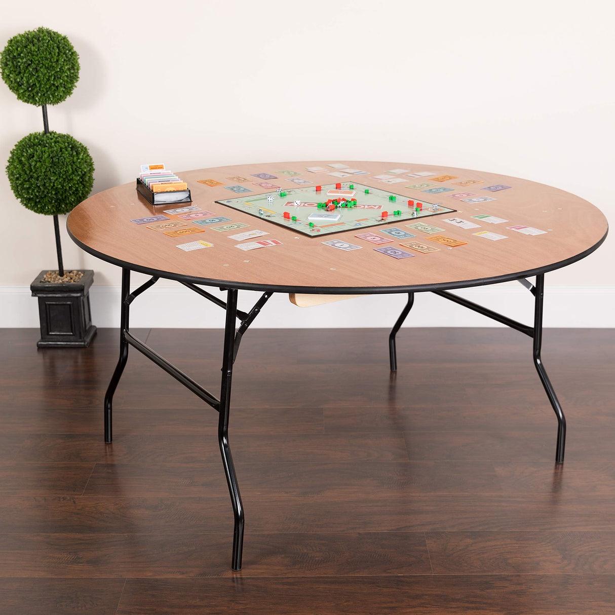 Flash Furniture Furman 5' Round All-Occasion Wood Folding Event Table, Foldable Round Portable Banquet Table with Wooden Top, Natural/Black Flash Furniture