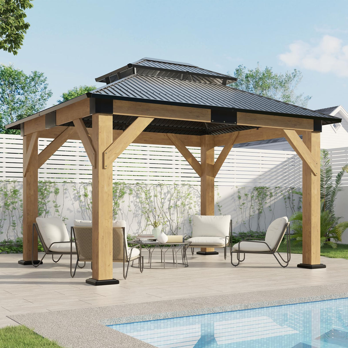 AMERLIFE 10x12 Wood Gazebo, Hardtop Gazebo with Spruce Frame and Aluminum Double Roof, Outdoor Pergola for Parties, Backyard, Patio, Lawns, Black + Natura Wood AMERLIFE