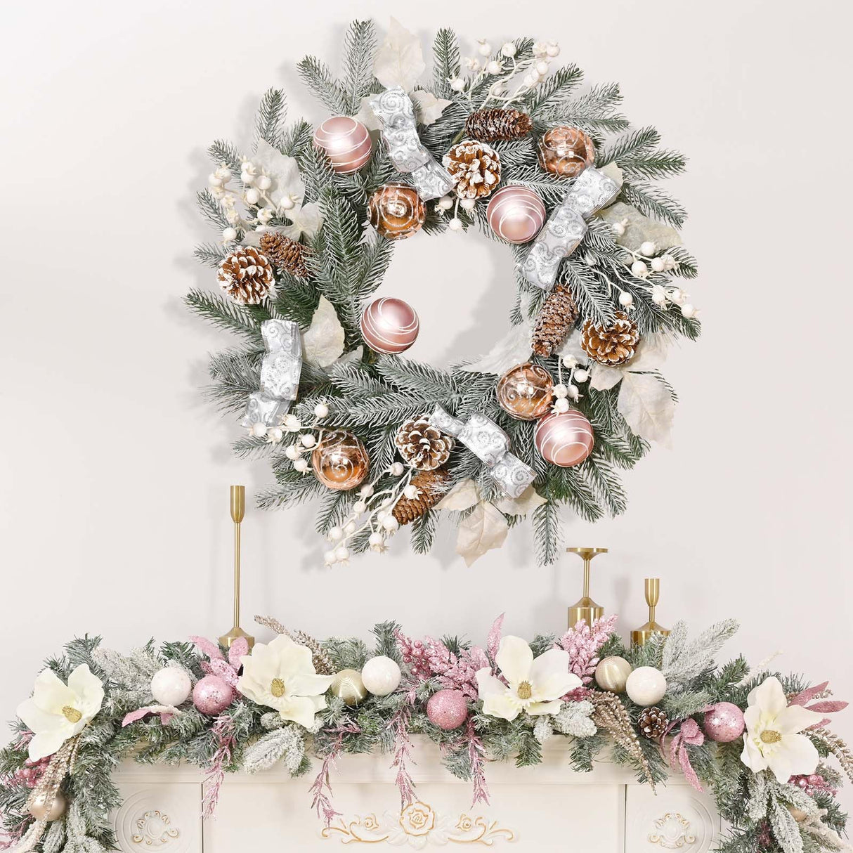 20" Christmas Wreath with Balls, Christmas Door Wreath with Bow Ribbon Berries & Pine Cones Xmas Wreaths for Front Door Wall Home Outdoor Decor Elyum