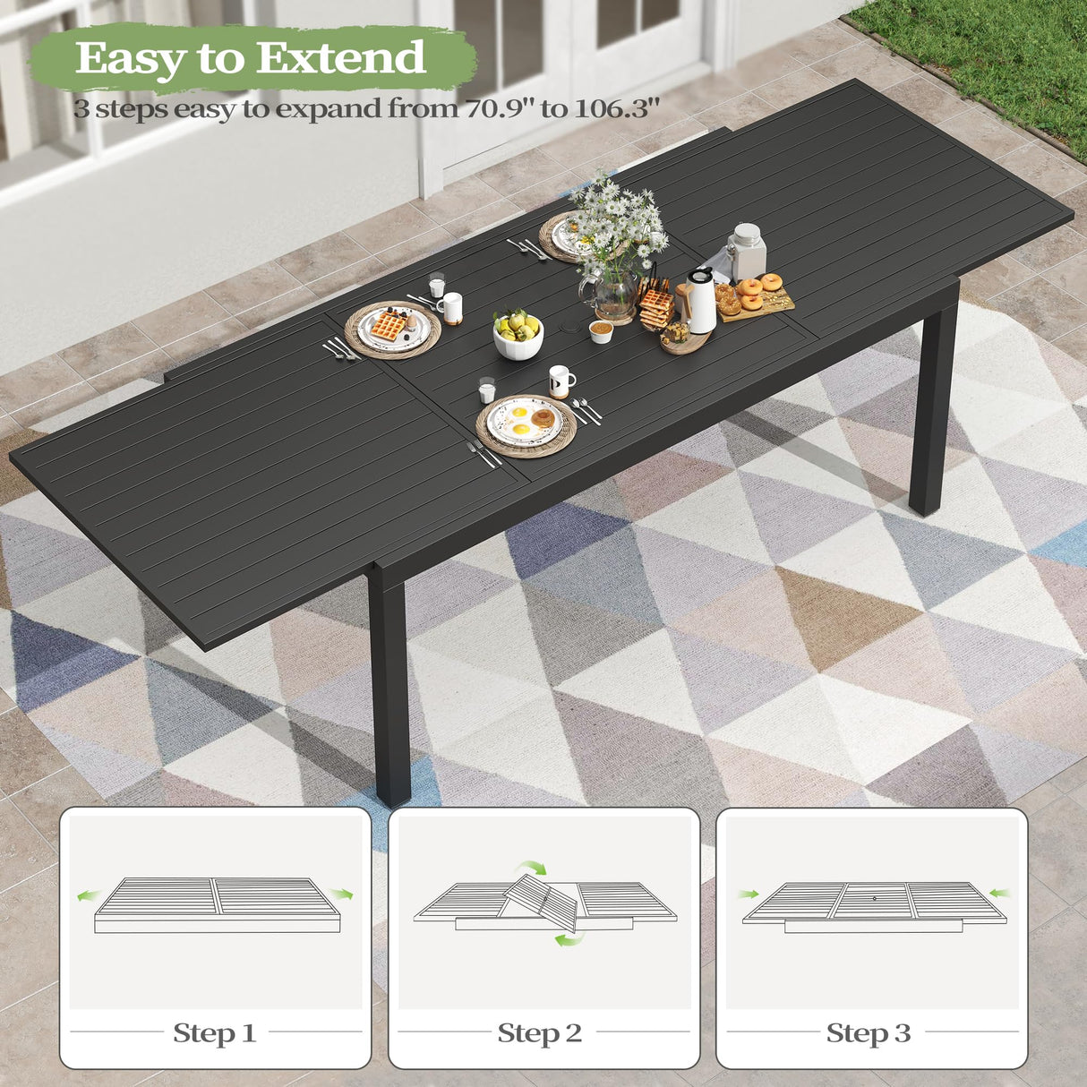 PIZZELLO 7 Pieces Outdoor Dining Set, 106" Aluminum Extendable Patio Dining Table w/ 6Pcs Stackable Patio Chairs, All Weather Outdoor Table and Chairs Sets for Backyard, Garden, Deck and Poolside PIZZELLO