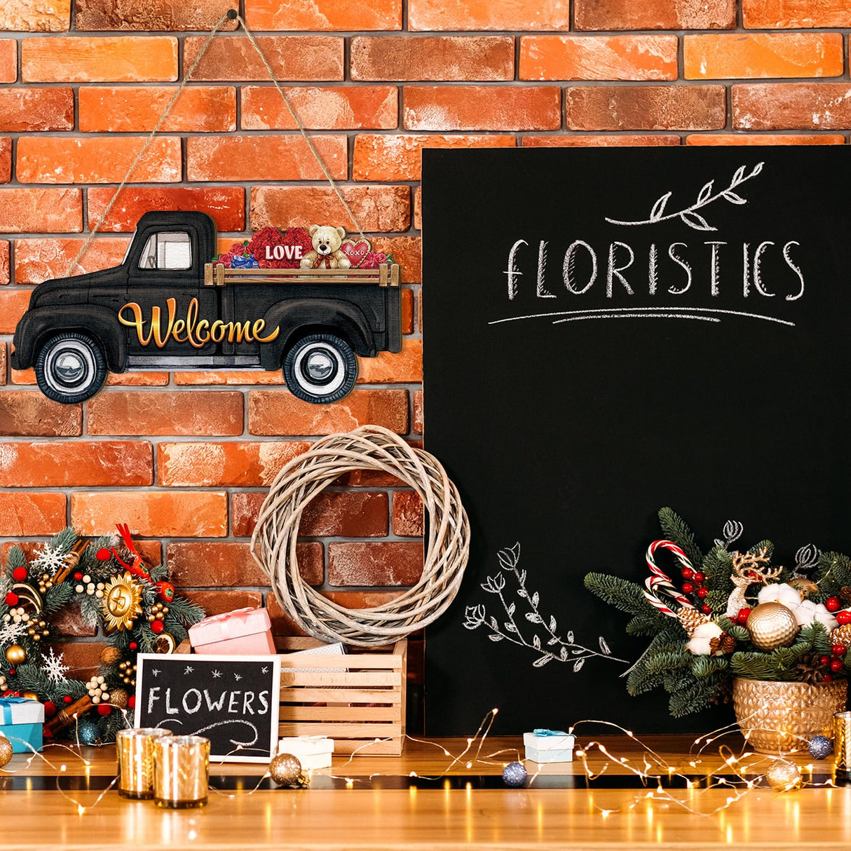 Ferraycle Interchangeable Welcome Sign Christmas Truck Decor Seasonal Door Signs with 12 Holiday Icons Rustic Farmhouse Interchangeable Holiday Decor for Christmas All Seasons(Black) Ferraycle
