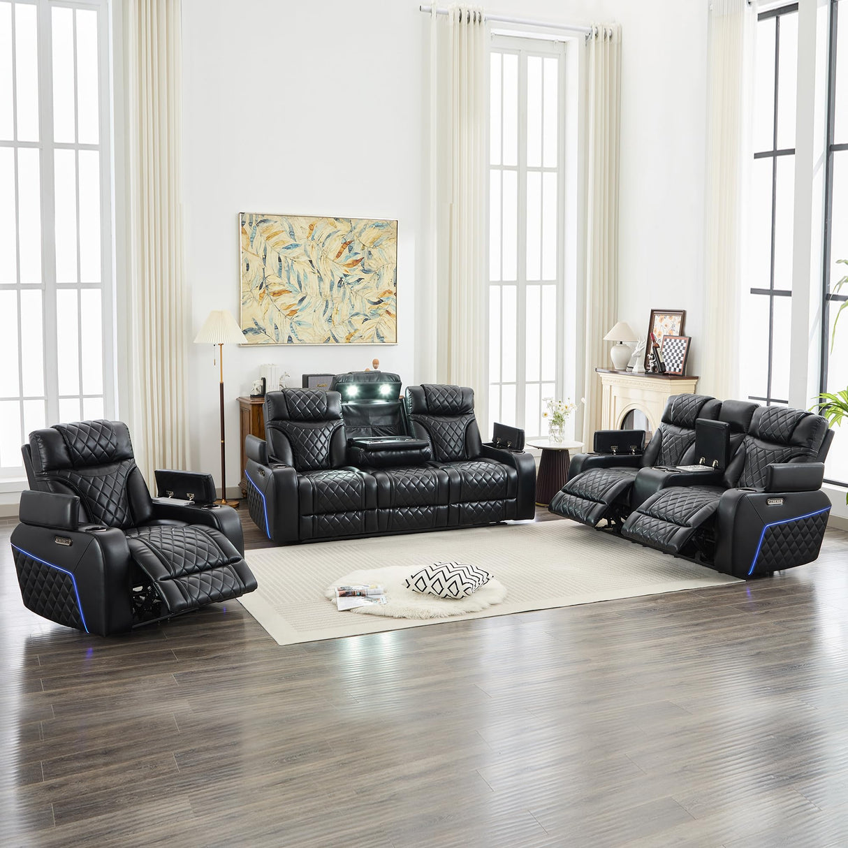 Power Recliner Sofa Set of 3 Pieces with Adjustable Headrest, Wireless Charger for Living Room, Electric Reclining Couch, Faux Leather 3 Seaters and Loveseat and Theater Chair with LED Lights, Black Comfort Stretch