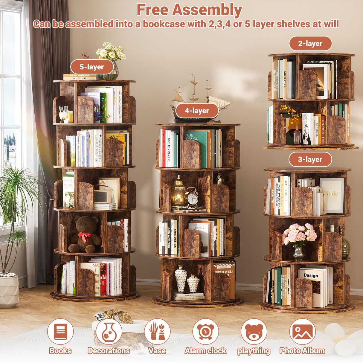 Besiost Rotating Bookshelf Tower, 5 Tier Spinning Bookcase, Revolving 360 Book Shelf Narrow Tall Bookcase, Vertical Turning Round Bookshelf Organizer, Corner Book Shelf for Small Space, Rustic Brown Besiost