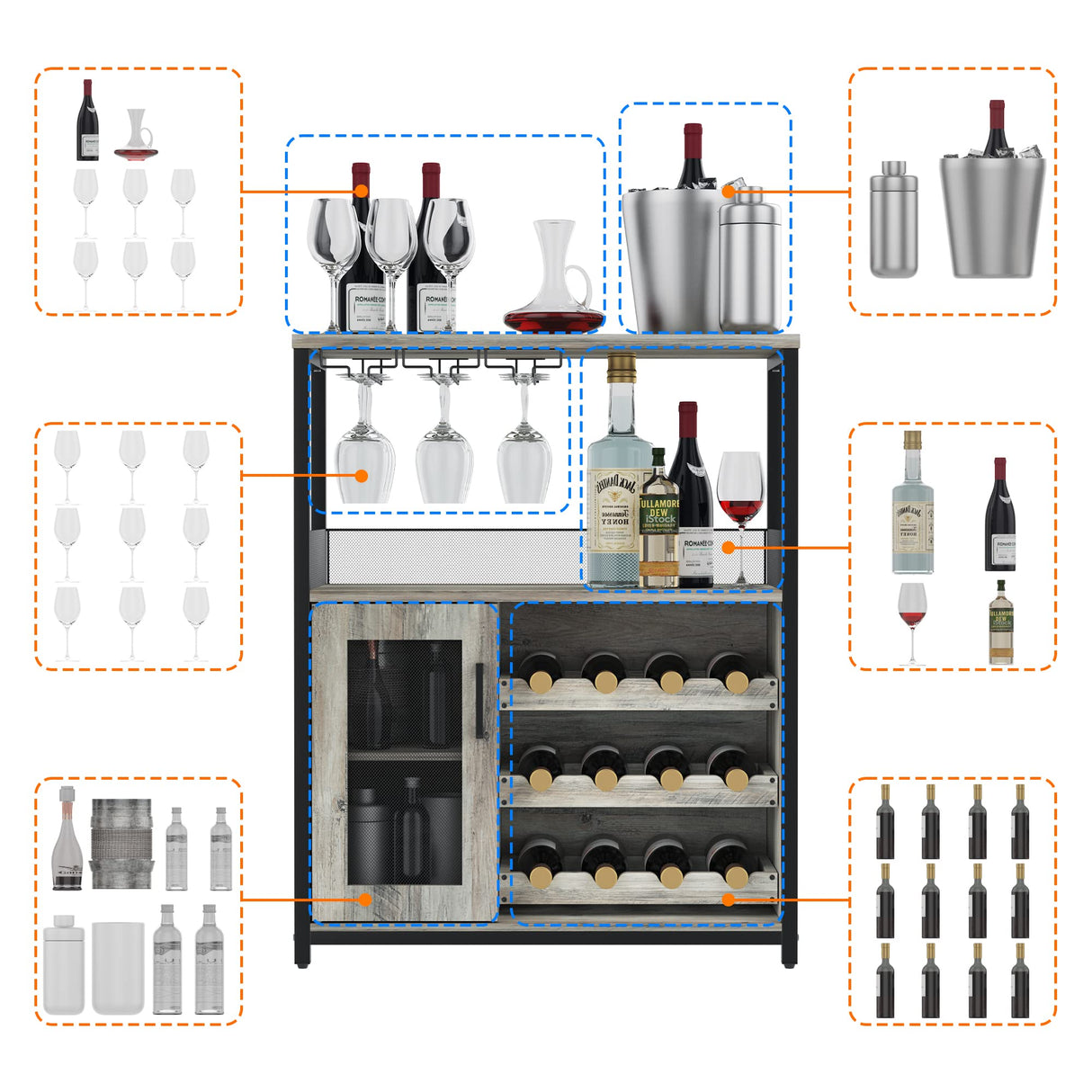 GarveeHome 3-Tier Wine Bar Cabinet with LED Lights, Detachable Wine Rack and Storage Space, Buffet Cabinet with Glass Holder and Mesh Door, for Kitchen, Living Room and Bar. Grey GarveeHome