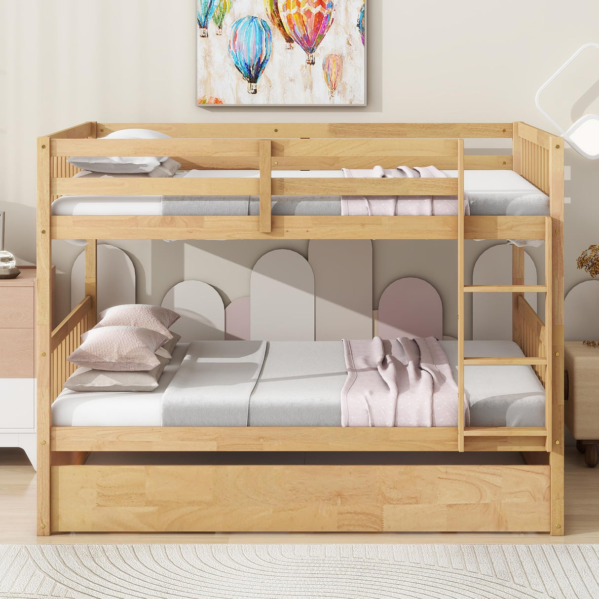 WIILAYOK Full Over Full Bunk Bed with Trundle, Convertible to 2 Platform Bed, Solid Wood Bunk Bed with Ladder and Safety Rails for Teens, Adults, Natural WIILAYOK