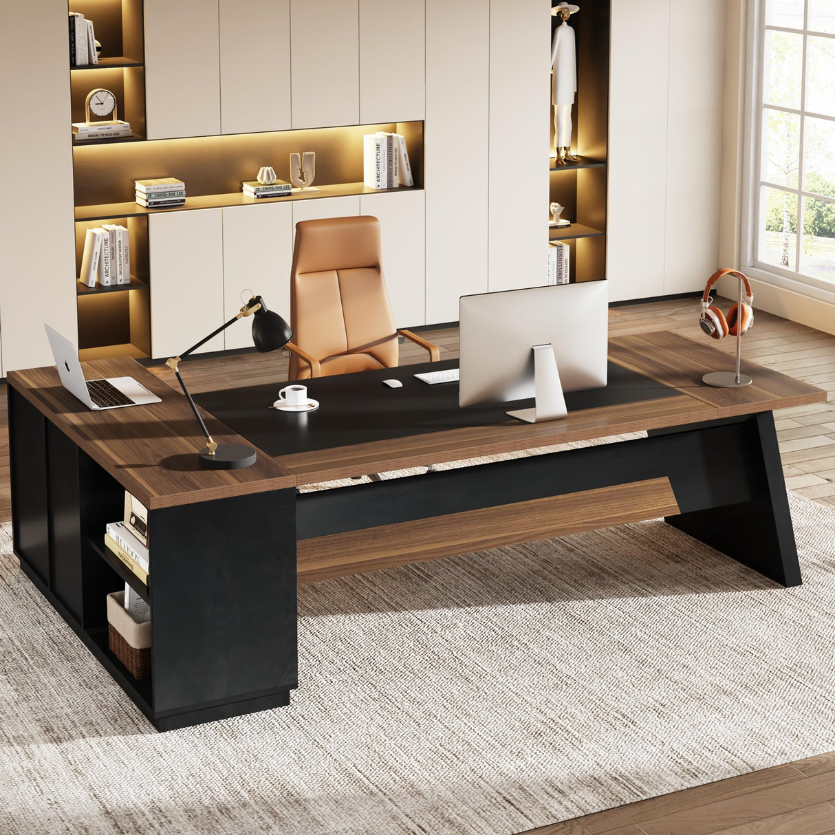 Tribesigns 78" L-Shaped Executive Office Desk, Large Modern Computer Desk with Drawers and Lateral File Cabinet, Business Furniture with Storage Shelves (Light Walnut + Black) Tribesigns