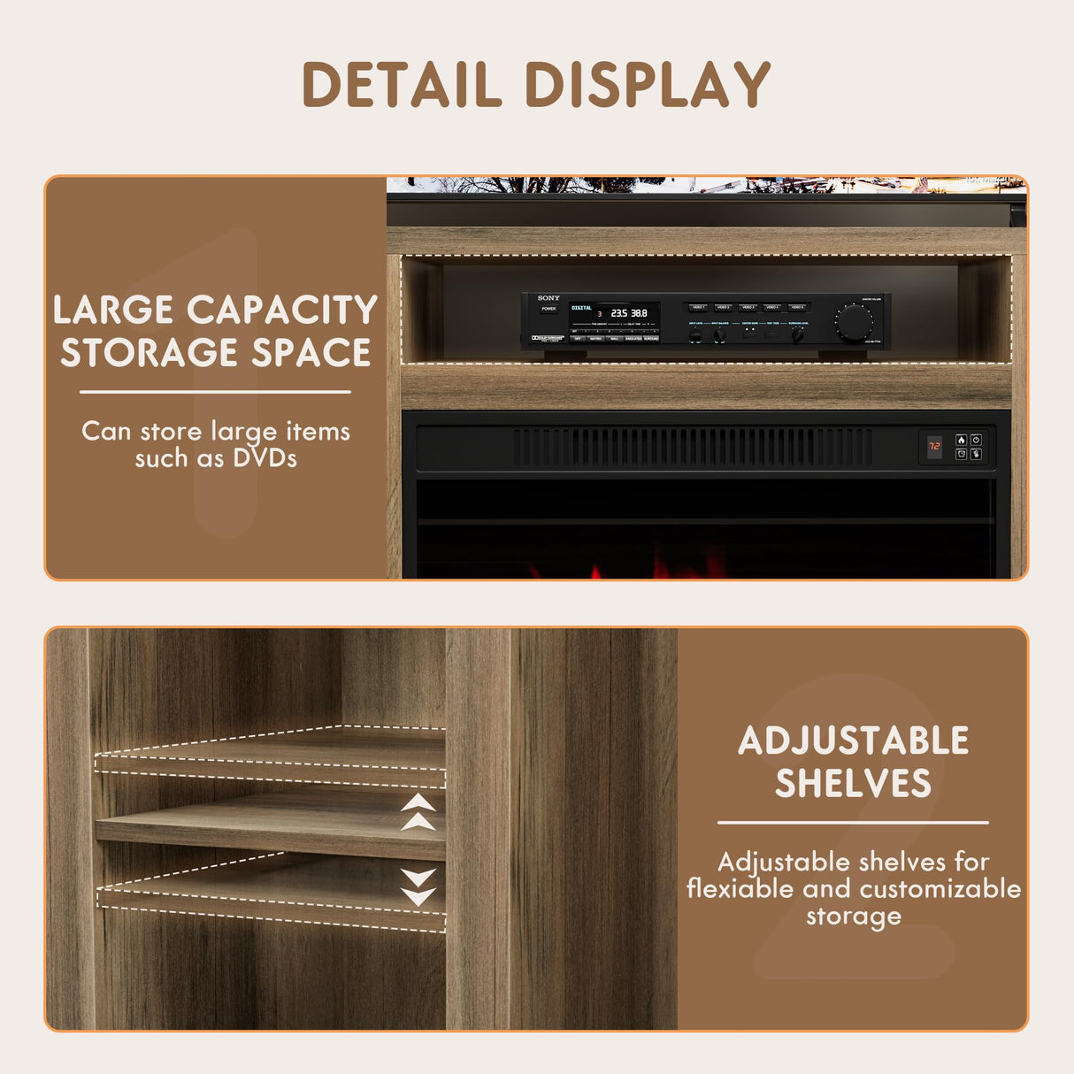 Furniwell Fireplace TV Stand for 65 Inch TV, Media Entertainment Center Console Table with 26" Electric Fireplace, Farmhouse TV Stand with Storage Cabinet for Living Room (Natural) Furniwell