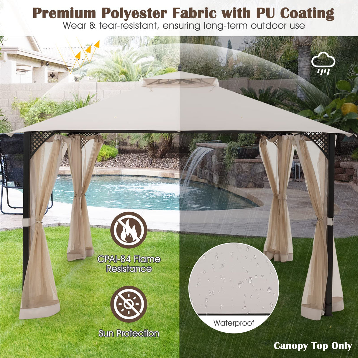 Tangkula 10x12 Ft Gazebo Cover, Double Tier Canopy Replacement Cover with Air Vent and Drainage Holes for Patio Gazebo, CPAI-84 Gazebo Canopy Cover for Garden, Backyard, Patio (Beige) Tangkula