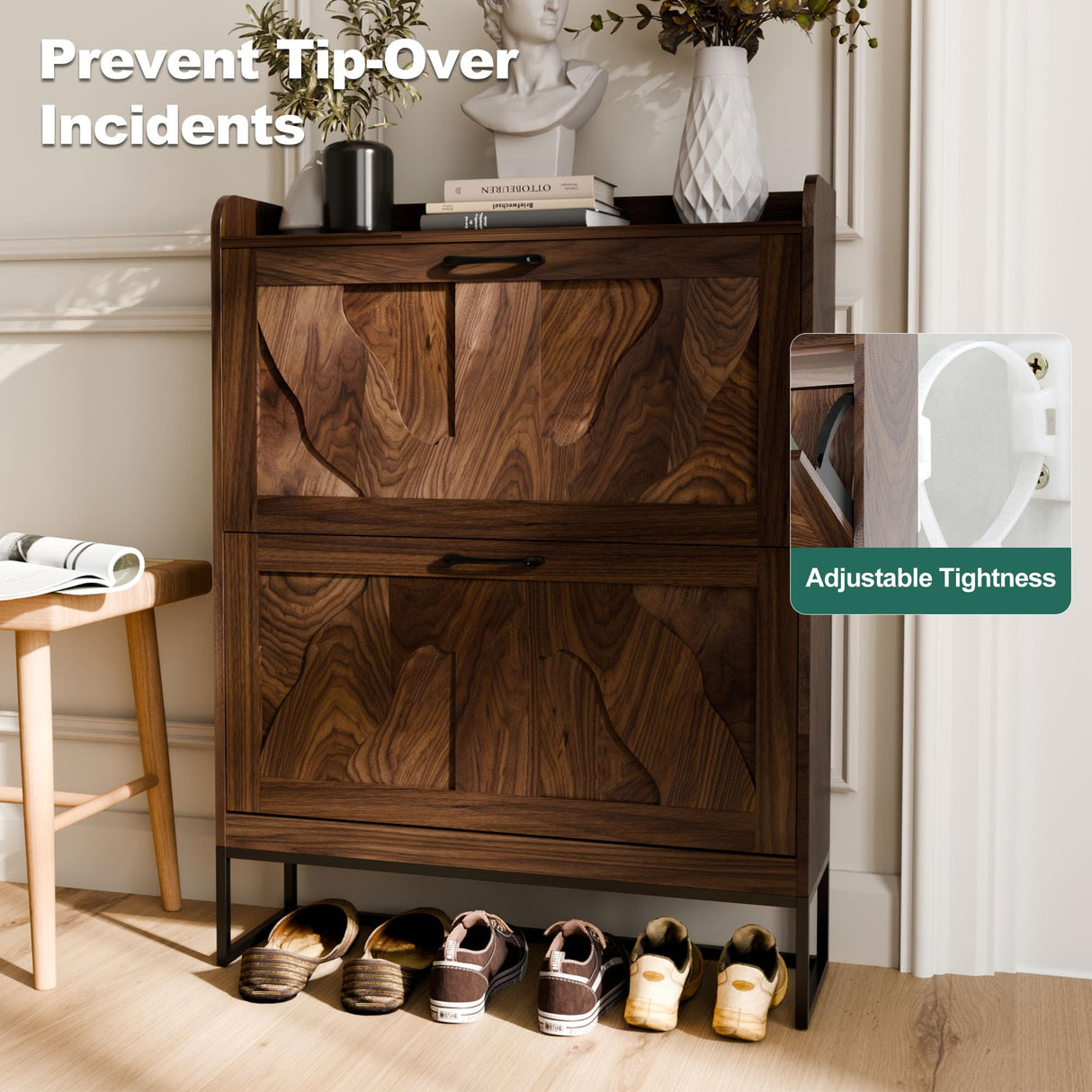 infurnic Shoe Storage Cabinet with 2 Flip Drawers, Narrow Shoe Cabinet for Entryway, Freestanding Organizer Shoe Rack Cabinet for Front Door Entrance Hallway Foyer, Walnut infurnic