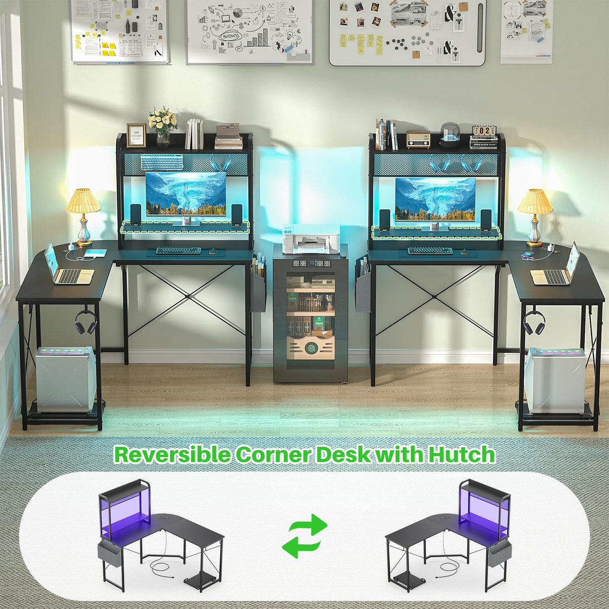 Besiost L Shaped Desk with Hutch, L shaped Computer Desk with Power Outlet and LED Lights, Reversible Corner Gaming Desk with Monitor Stand, L Shaped Desk Home Office Desk with Storage Bag, Black Besiost