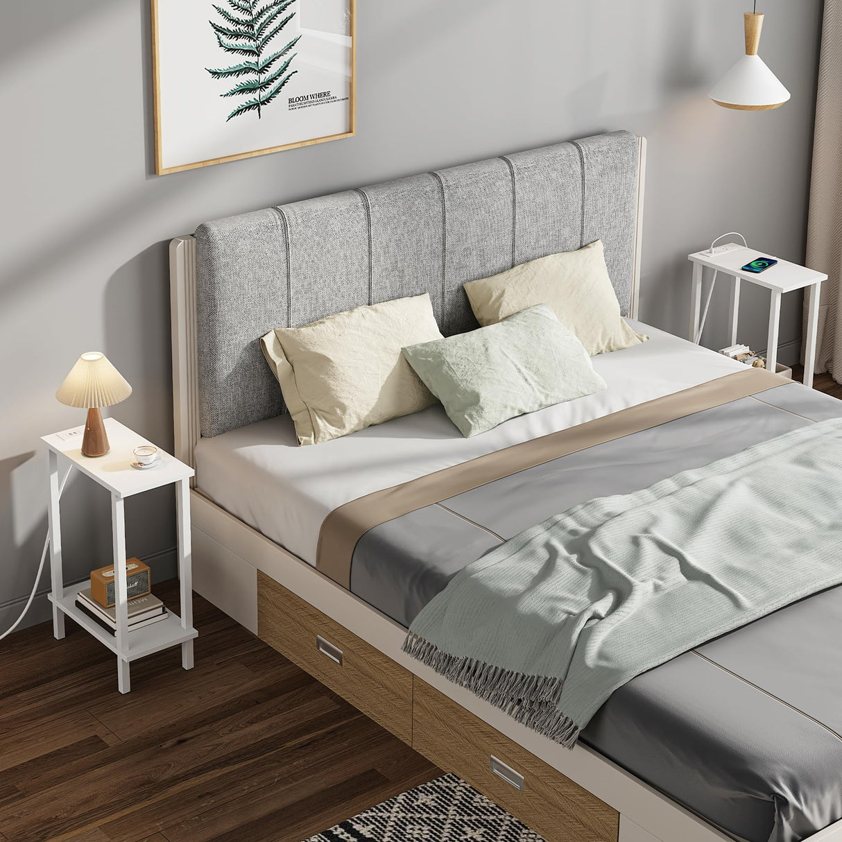 TUTOTAK Small End Table with Charging Station, Narrow Side Table with USB Ports and Outlets, Skinny Sofa Table, Slim Nightstand, Living Room, Bed Room, White TB01BW060 TUTOTAK