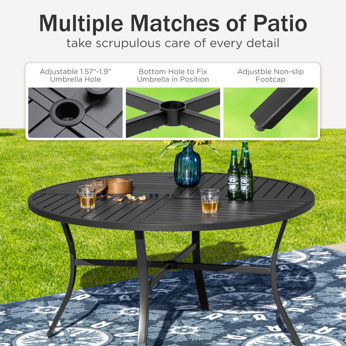 PHI VILLA 5 Piece Outdoor Dining Set with Umbrella for 4, Round Metal Steel Dining Table & Wicker Chairs with Cushions & Blue Umbrella, Modern Furniture for Patio, Deck, Yard, Porch PHI VILLA