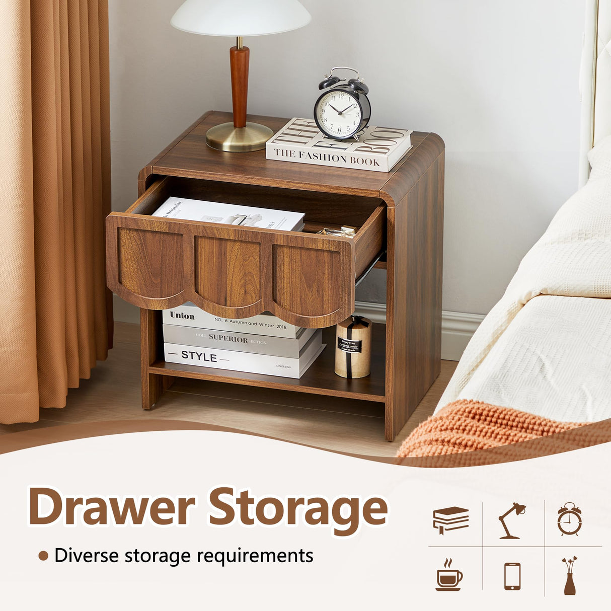 Night Stand Set of 2, Mid Century Modern Farmhouse Wood Nightstand with Wave Panel Drawer, Bed Side End Table for Small Space, Living Room - Walnut ORRD