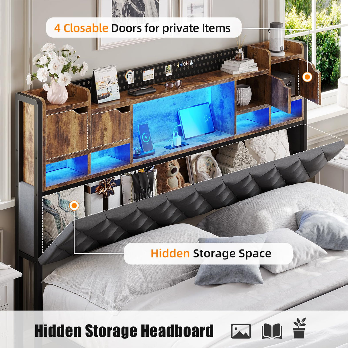 busyaeh King Size Bed Frame with Upholstered Storage Headboard, King Bed Frame with Smart LED Lights, Camas King Bed with Charging Station,Noise-Free, Metal Support, No Box Spring Needed, Gray busyaeh