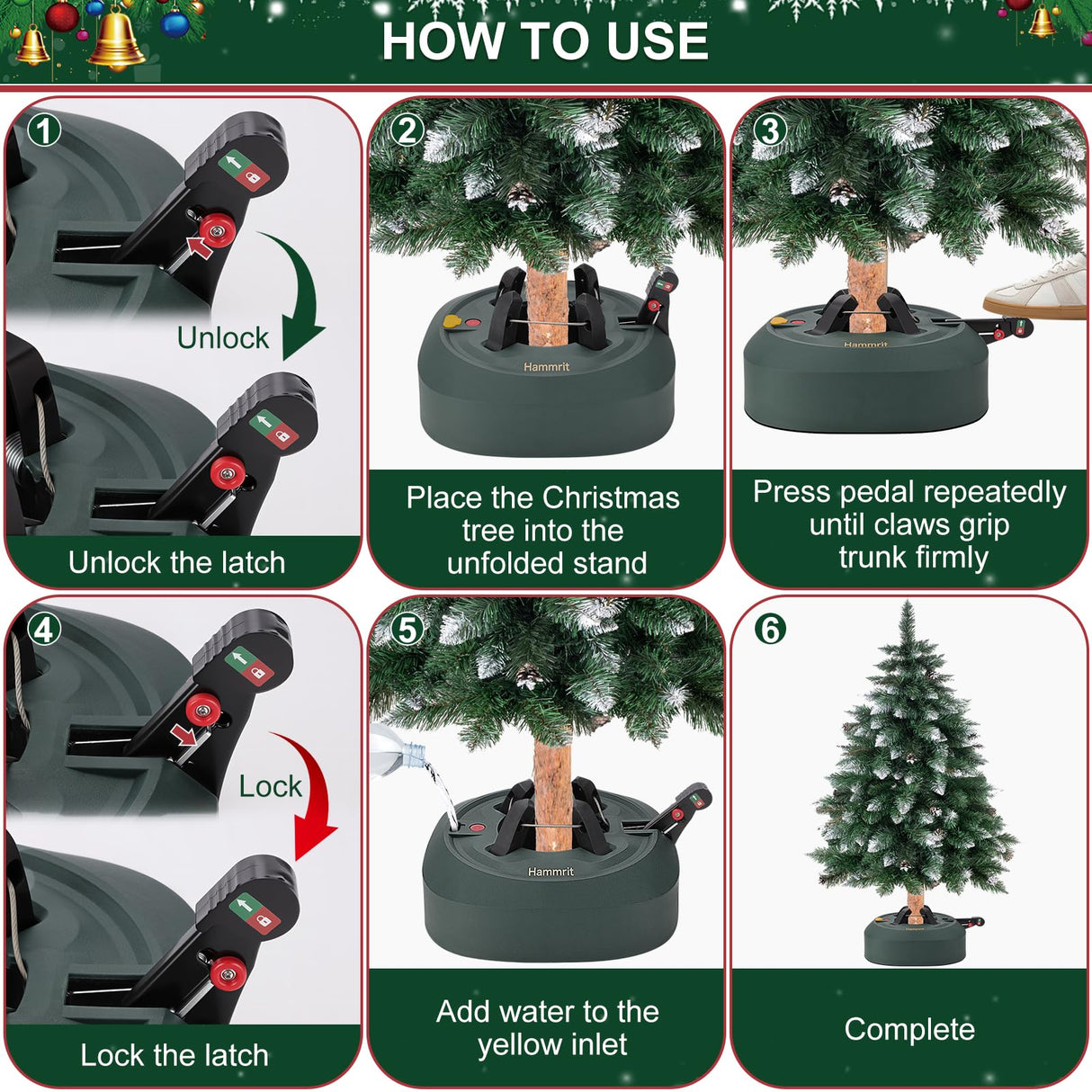 Christmas Tree Stand for Real Trees, Heavy Duty Live Christmas Tree Stand with Reservoirs, Fits Trees up to 7.5 Ft (1.2-5 In Diameter), No Assembly Required Real Christmas Tree Base Foot Press Hammrit