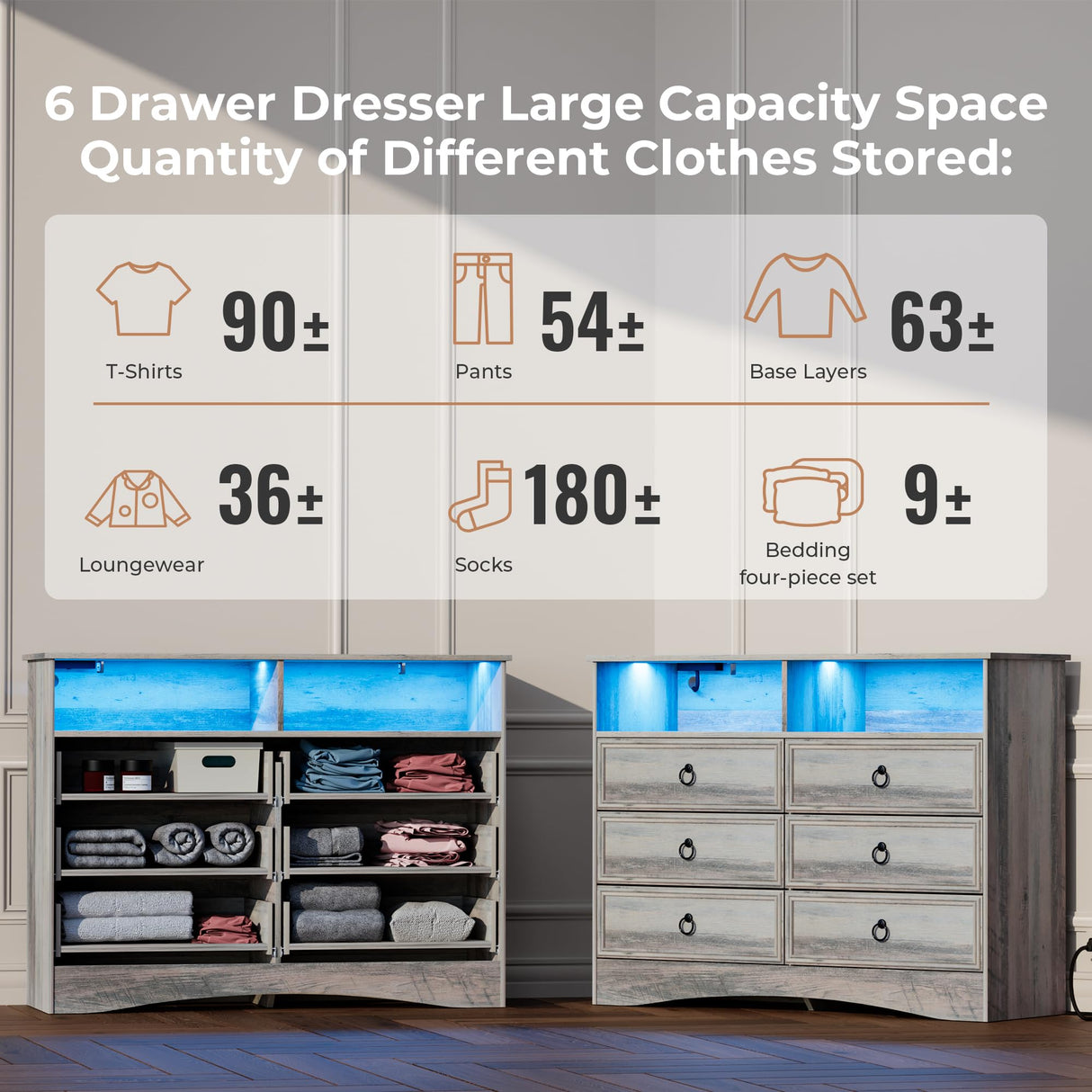 VVFLU Grey 6 Drawer Dresser for Bedroom with LED Lights and Charging Station, Wood 6 Chest Drawers, Large Storage for Clothes, for Living Room, Bedroom, Hallway, Taupe Grey VVFLU