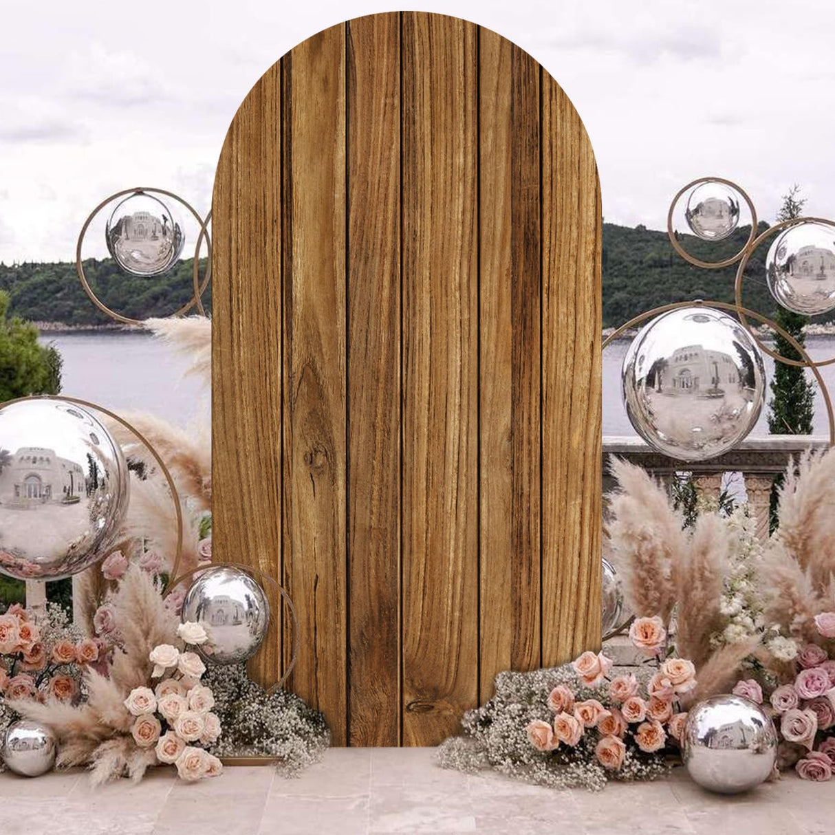 OurWarm 7.2FT Wood Arch Cover, Wood Grain and White 2 in 1 Round Arch Backdrop Covers, Spandex Arch Stretchy Backdrop Cover Fabric for Birthday Party Baby Shower Wedding Arch Stand Decorations OurWarm