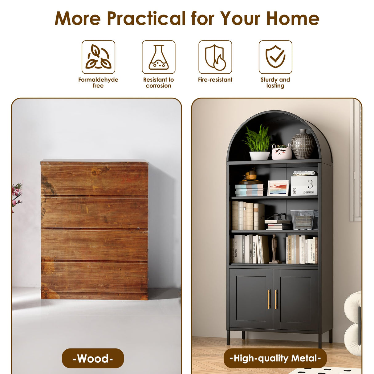 VEXPOR 73 in Tall Metal Arched Cabinet, 5-Tier Arched Bookcase with Doors, Modern Farmhouse Bookshelf with 2 Adjustable Shelves, Kitchen Pantry Cabinet for Living Room, Black, Assembly Required VEXPOR