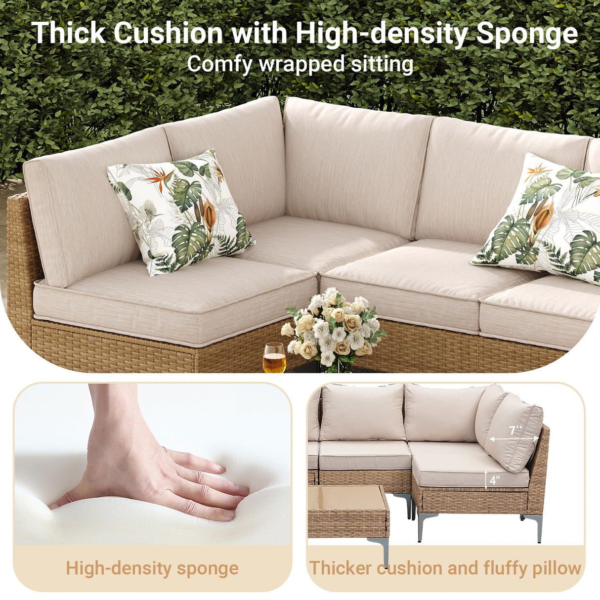 Jing's Villa 5-Piece Outdoor Patio Furniture Set,Rattan Conversation Sectional Sofa w/Coffee Table, All-Weather Patio Conversation Set with Thick and Anti-Slip Cushions for Backyard,Deck,Porch,Beige Jing's Villa