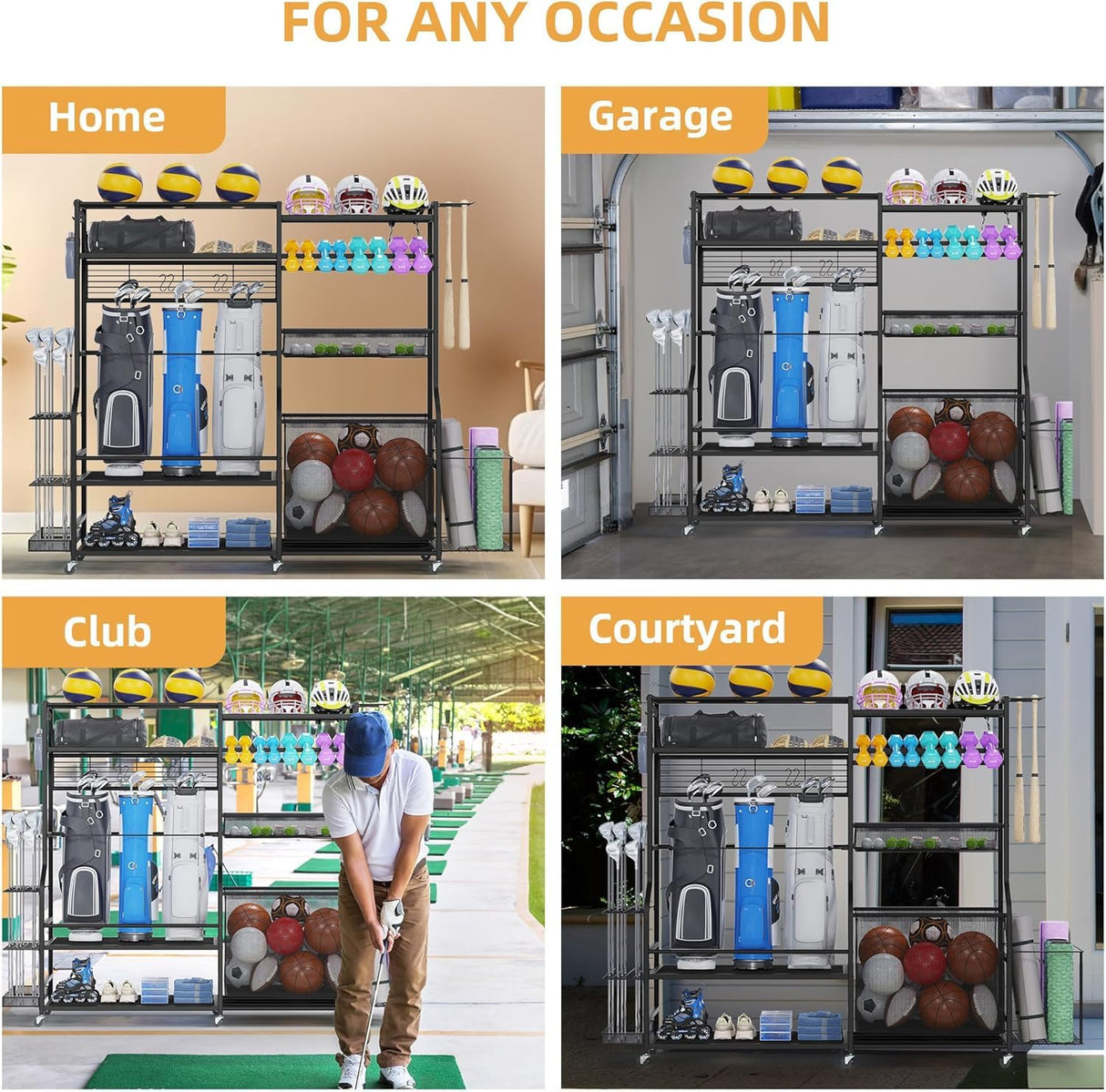 DWVO Sports Equipment Organizer, 3 Golf Bags Storage Stand with Wheels, Sport Gear Accessories Rack and Ball Organizer Bin for Garage DWVO