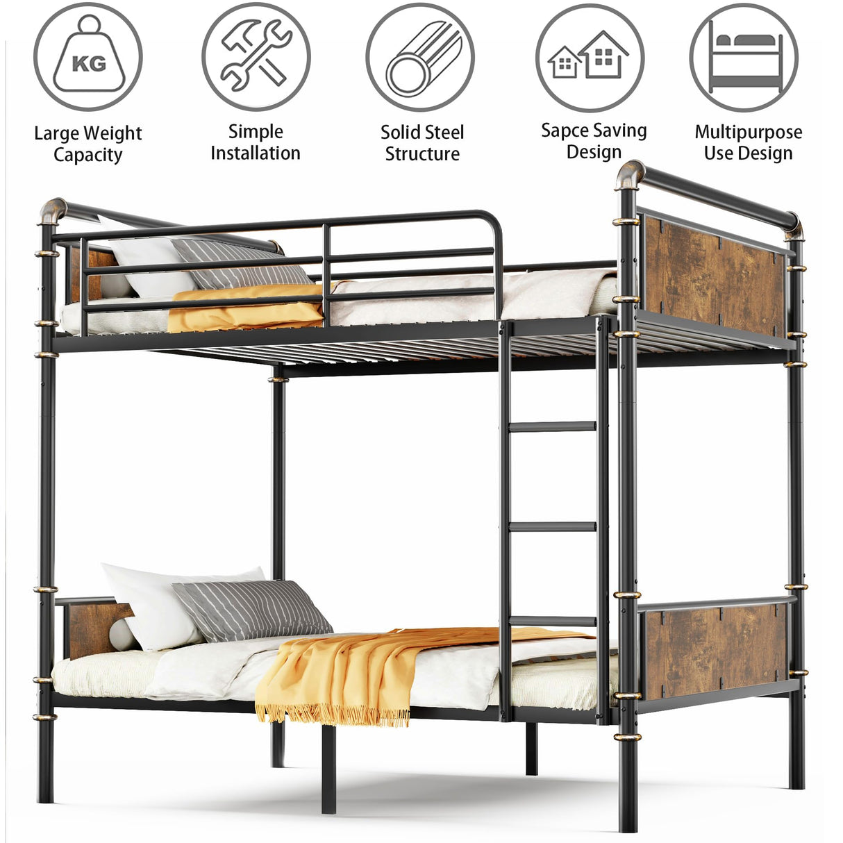 Twin XL over Twin XL Industrial Bunk Beds for Kids and Teens , Heavy-Duty 2 IN 1 Metal Convertible Bunk Bed with Ladder and Slats Support ,15.9" High Guard Rail,Space-Saving ,Noise Reduced,Black MoproBeti