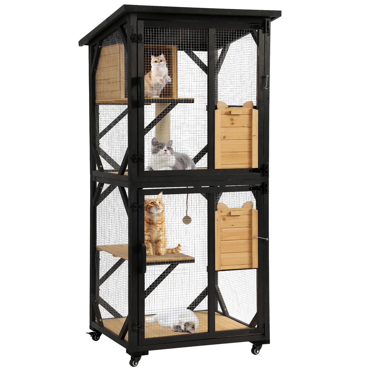 Grepatio Catio Outdoor Cat Enclosure Outside Wooden Cat House with Weatherproof Large Cat Cage Condo Outdoor Playpen with Platform and Sleep House Cat Scratching Board & Ball (Black) Grepatio