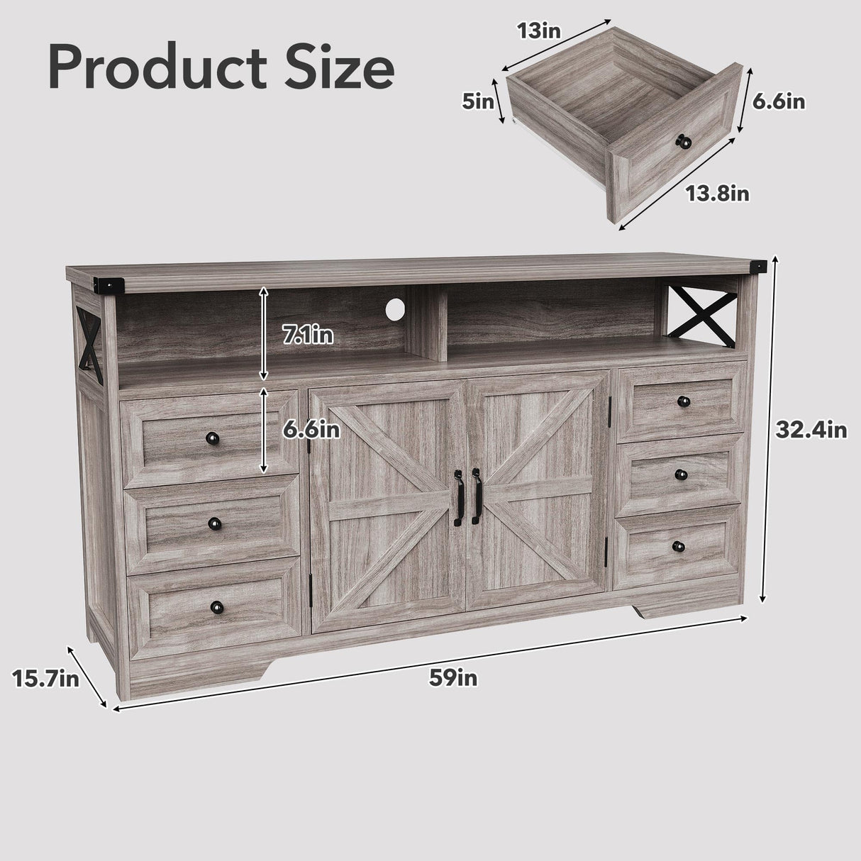 Maupvit 59" Buffet Cabinet with Storage, Farmhouse Sideboard Cabinet with 6 Drawers and Open Shelves, Adjustable Shelf, Large Coffee Bar Station Table for Kitchen, Dining, Living Room, Grey Maupvit