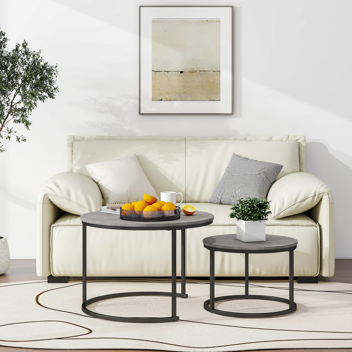 HOJINLINERO Nesting Round Coffee Table Set of 2 End Tables for Living Room,Grey Coffee Table Wooden Accent Furniture with Metal Frame,Stacking Side Tables,Black+Warm Grey HOJINLINERO