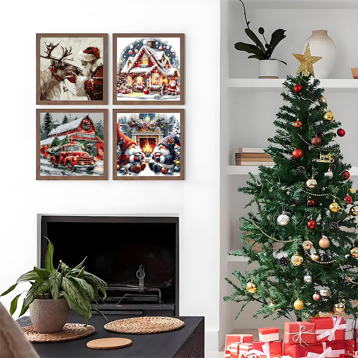 4 Pack Christmas Gnome Paint by Numbers Kit for Adults Beginner,Winter House Elk Easy Painting by Numbers Kits,DIY Truck Oil Painting with Acrylic Paint(with Frame), Home Wall Decor 9.84 x 9.84 in CZYWJMEI