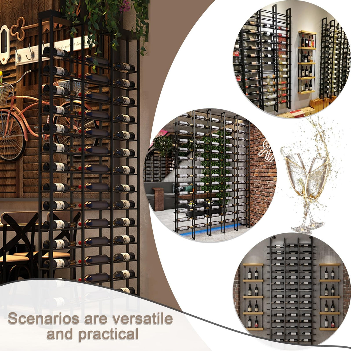 amhricho Wall Mounted Wine Rack, H 94.5INCH, 16 Rows, Black 48 Bottle, Metal Wine Bottle Holder for Home Bar, Wine Kitchen Storage (Black, 3 Columns) amhricho