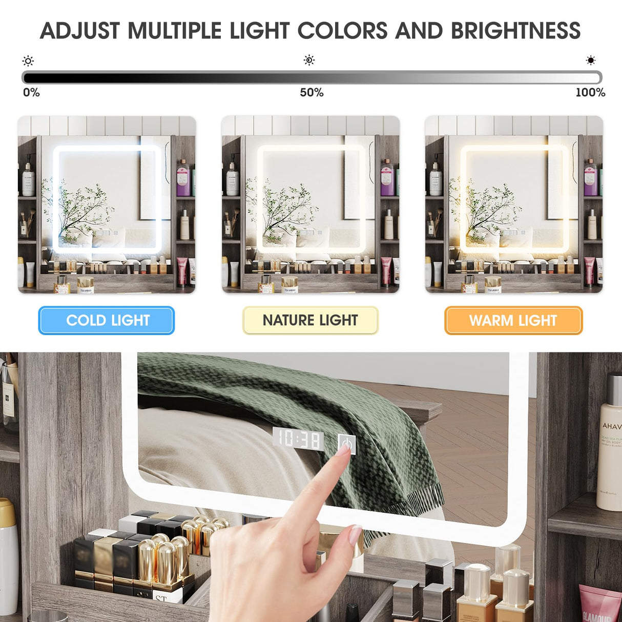 Vabches Makeup Vanity Desk, Vanity Mirror with Lights Desk and Chair,Makeup Table with 3 Large Drawers and 2 Cabinets, Time and Temperature Display, 3 LED Lighting Modes Adjustable, Grey Vabches