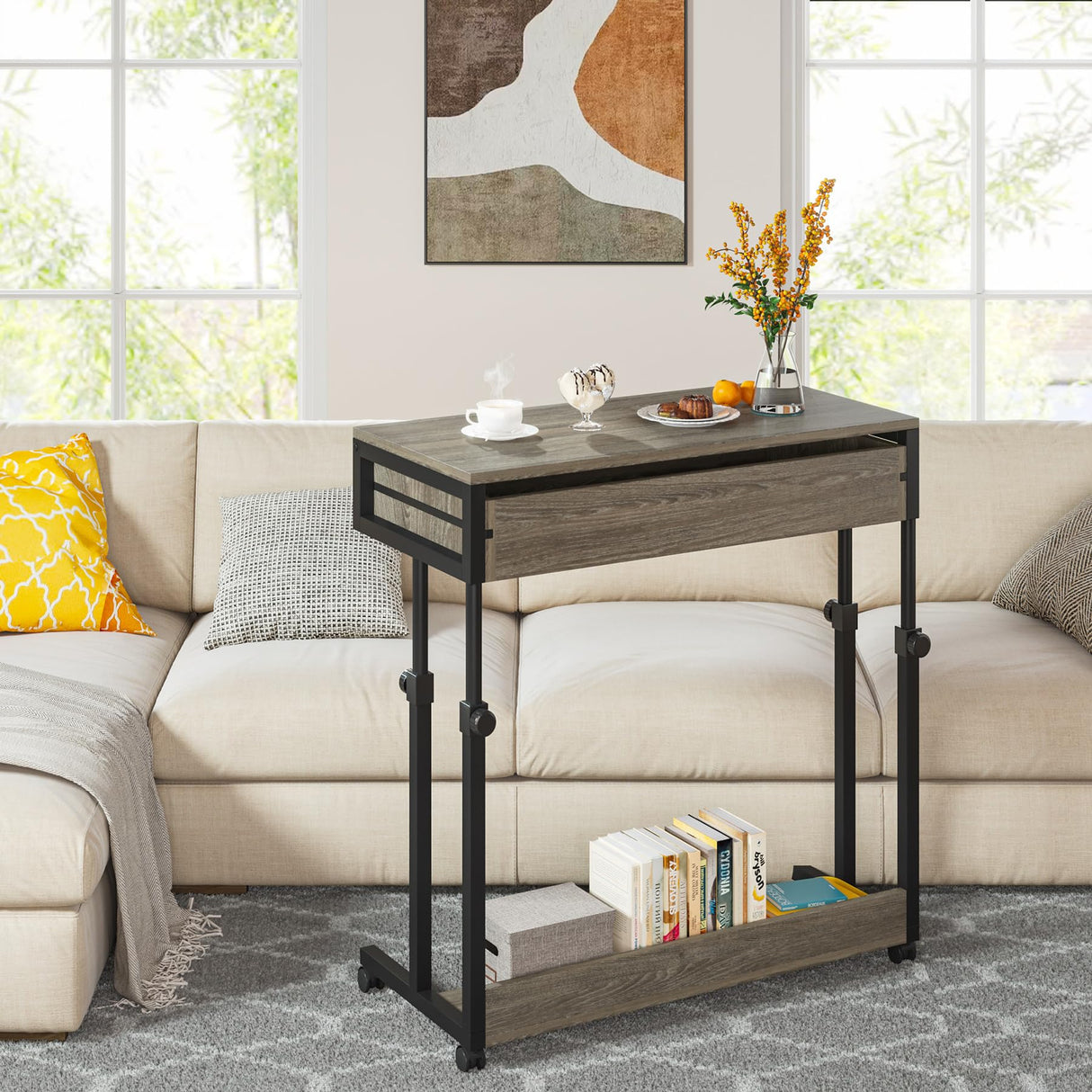 Tribesigns Portable Desk with Drawers, Mobile Laptop Desk with Wheels, Couch Desk Sofa Side Table Bed Desk, Small Standing Desk for Home Office (Retro Grey) Tribesigns