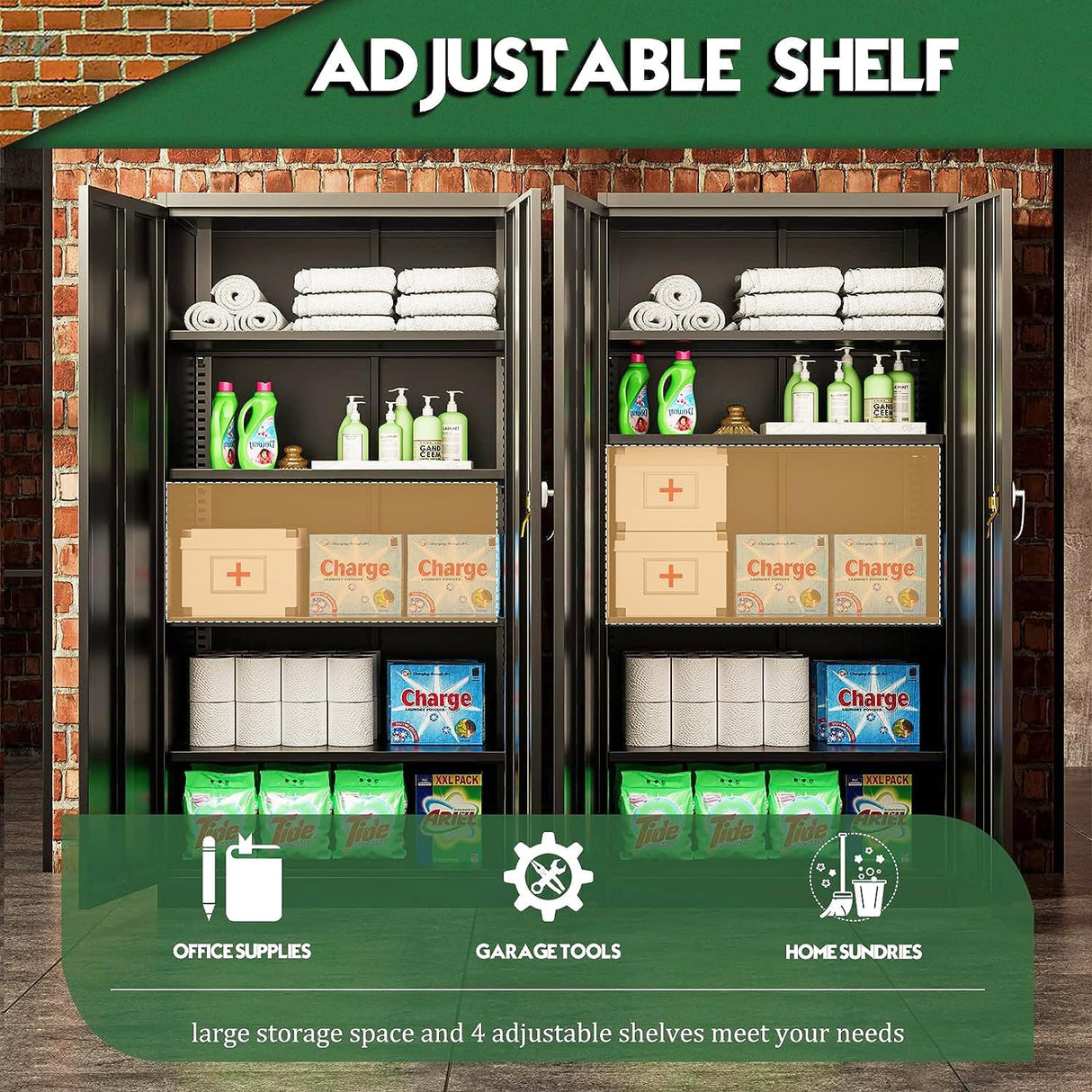 Greenvelly Metal Storage Cabinet, 72" Black Locking Metal Garage Storage Cabinet with Doors and 4 Adjustable Shelves, Lockable Steel Cabinet for Home Office, Garage, Shop, School (36" W x 18" D) Greenvelly