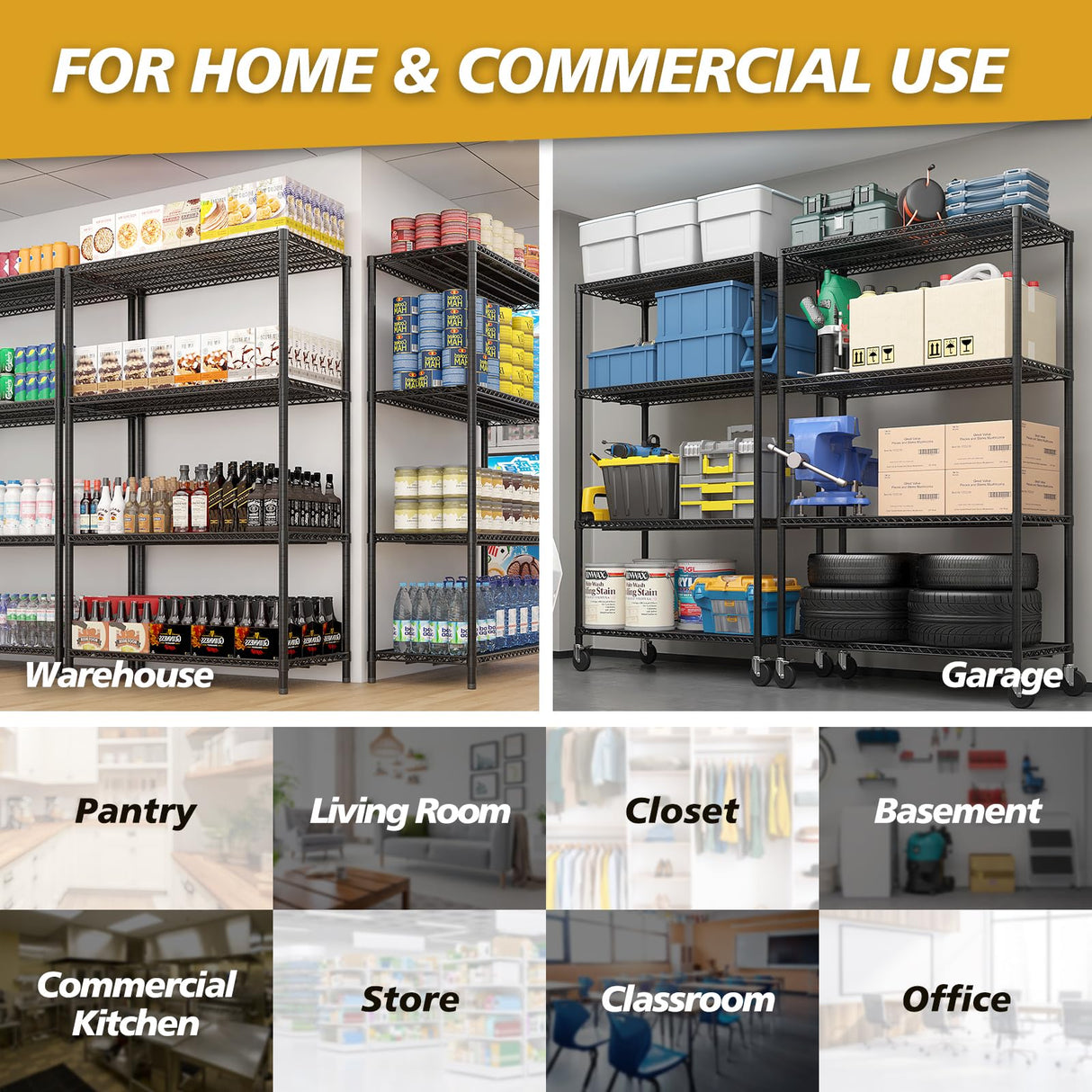 2500LBS Metal Storage Shelves 55"W Wire Shelving Unit with Wheels 4-Tier Wire Shelving Rack Commercial Adjustable Garage Shelving Heavy Duty Storage Rack for Pantry, Kitchen (4-Tier, 55''x24''x76") RenwDong