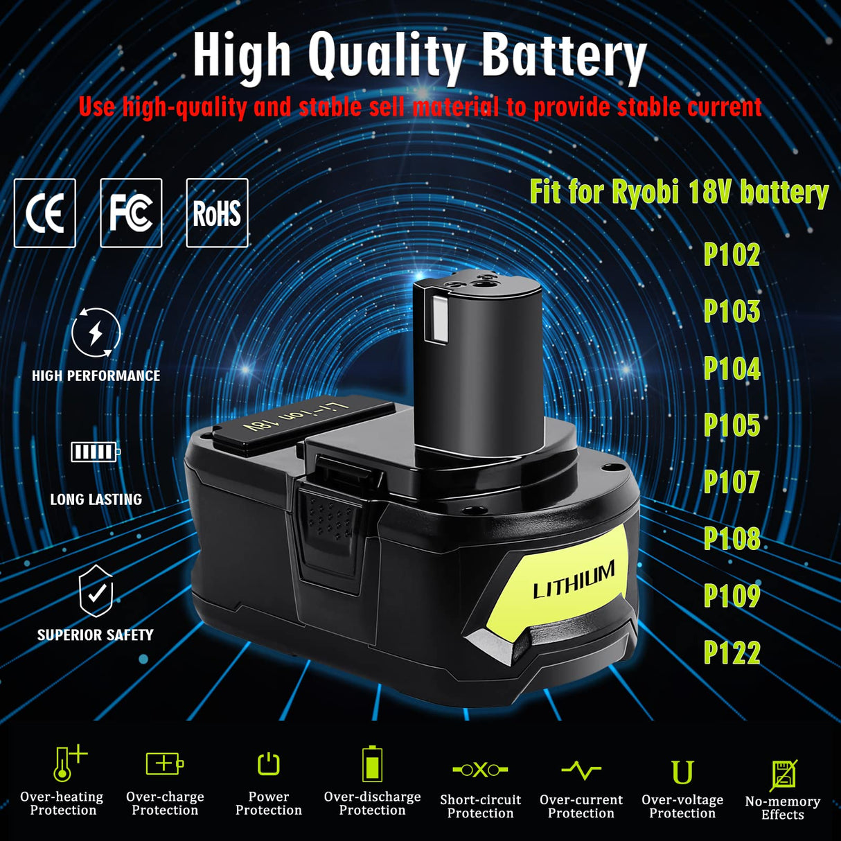 Jialitt 6.0Ah 18V P108 Battery Li-ion Replacement Compatible with Ryobi 18V Battery Ryobi ONE+ P108 P102 P103 P104 P105 P107 P109 P122 Cordless Power Tools Battery with LED Indicator Jialitt