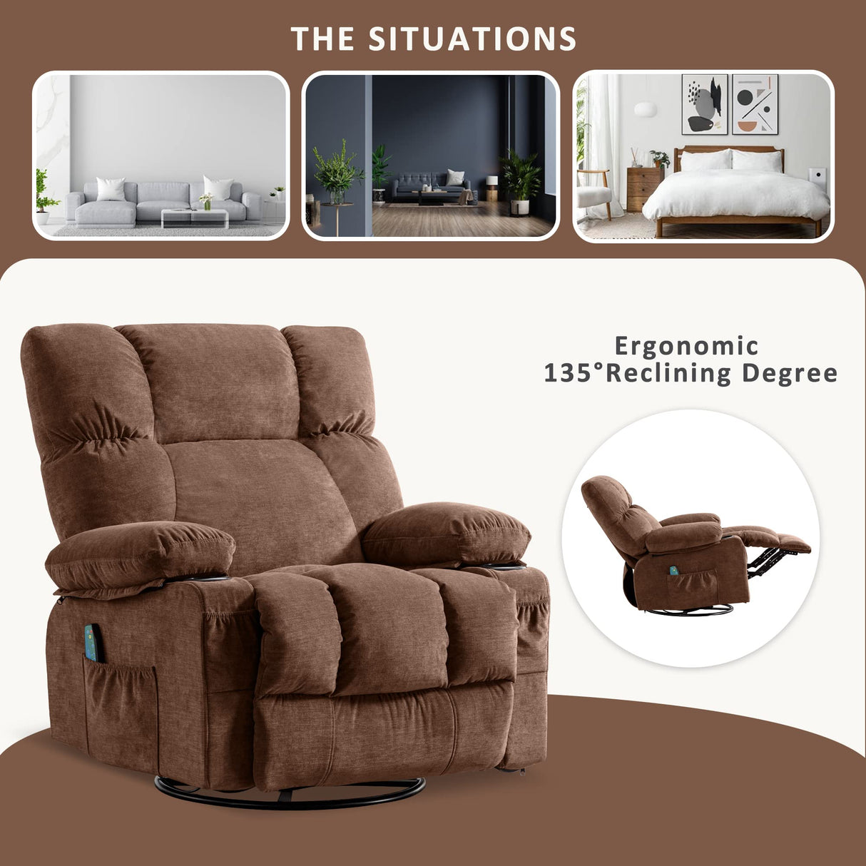 Soft Fabric Recliner Chair With Heat and Massage - Oversized Manual Rocking Recliner for Adults - Big and Tall With 2 Cup Holders for Living Room Fantasylab