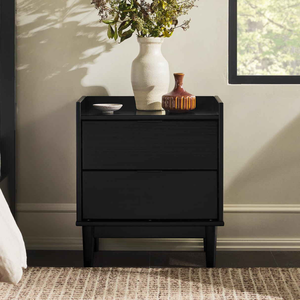 Walker Edison Mid-Century Modern Solid Pine 2-Drawer Nightstand, 20 Inch, Black Walker Edison