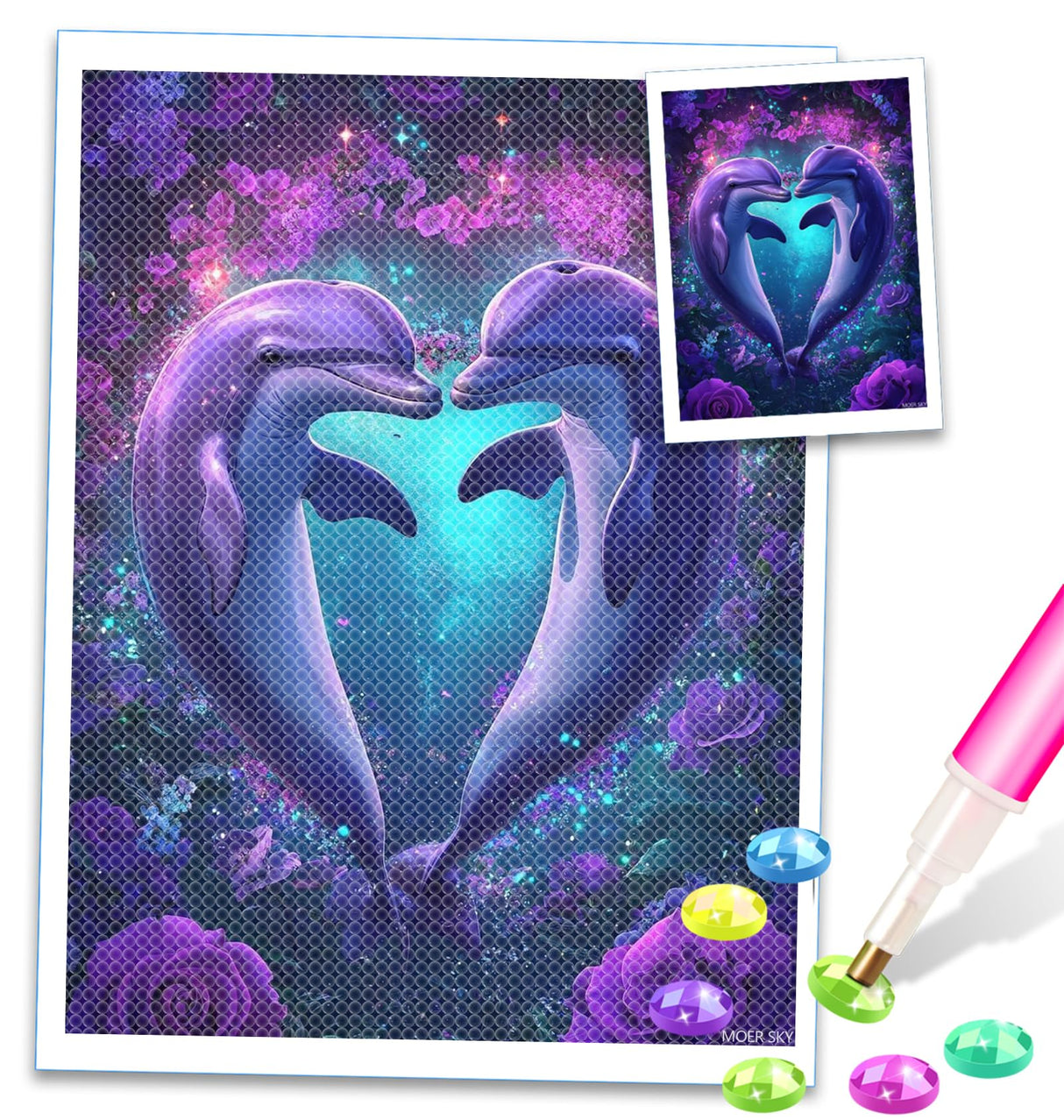 MOER SKY Dolphin in Flower Diamond Painting Kits Couple Full Diamond Art, 5D Diamond Painting Cartoon Diamond Art Kit, Rich and Fun Home Decor Wall Decor Handmade Crafts 12x16 Inch MOER SKY