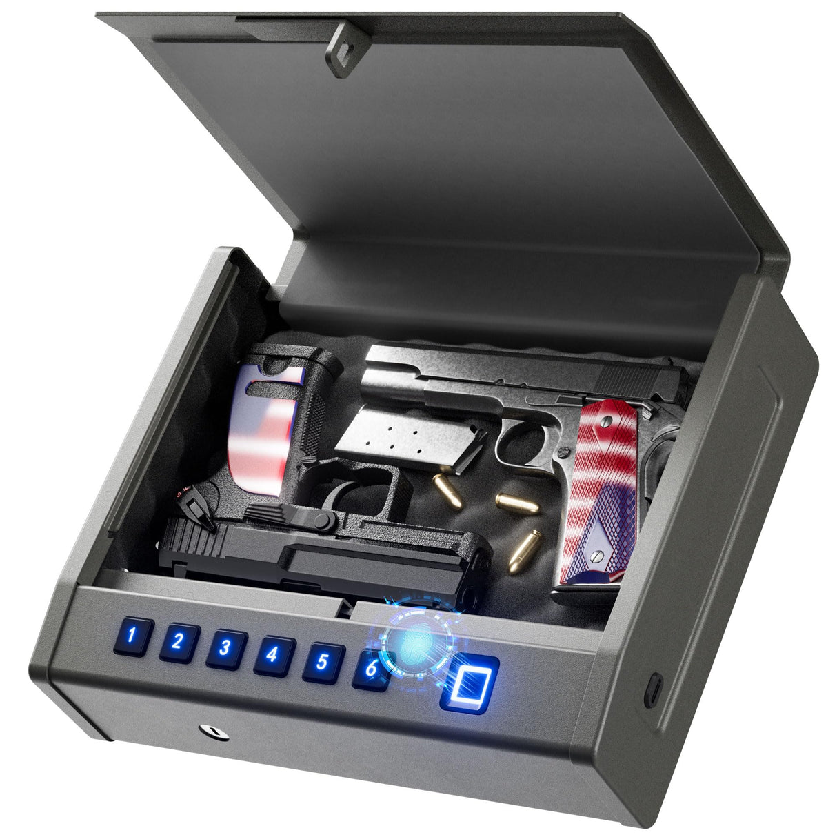 Grimtron Biometric Gun Safe for Handgun โ Quick Access Pistol Safe with 100 Fingerprints, Backlit Keypad & Backup Keys โ Gun Lock Box for Nightstand, Bedside, Car, Truck & Vehicle Use Grimtron