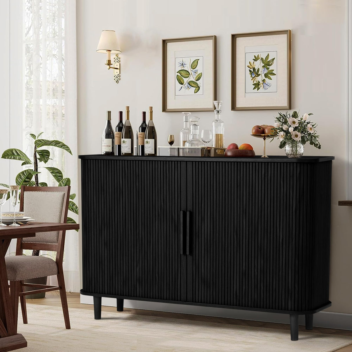 NVETHM Sideboard Buffet Cabinet, Storage Cabinet with Sliding Doors and Handles, Modern Wooden Sideboard Cabinet for Living Room, Dining Room, Kitchen and Entryway (Black) NVETHM
