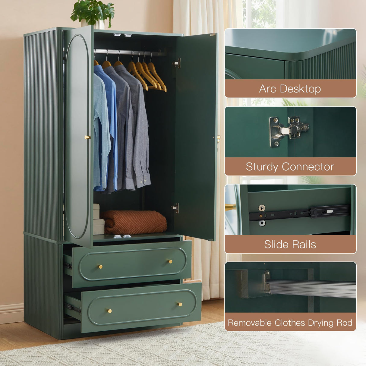 Fluted Freestanding Armoire Wardrobe Closet with 2 Doors and 2 Storage Drawers, Large Capacity Wardrobe Cabinet, Wooden Closet for Bedroom, Living Room - Green ORRD