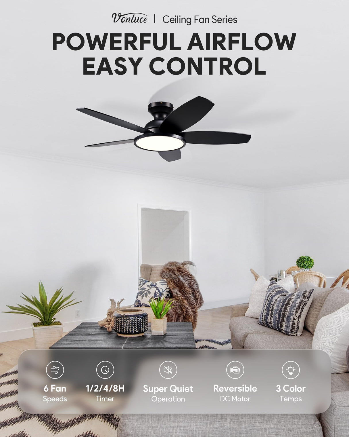 VONLUCE Ceiling Fans with Lights, 42 Inch Ceiling Fan and Remote, Full-spectrum LED Light, 3CCT, 6-Speeds Noiseless Reversible DC Motor, Modern Flush Mount Ceiling Fan for Farmhouse Bedroom Indoor VONLUCE